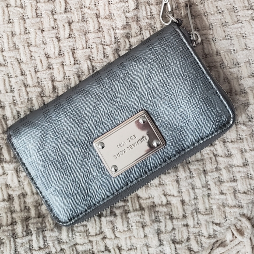 Michael Kors Grey Metallic MK Logo Zip Around Wristlet Wallet